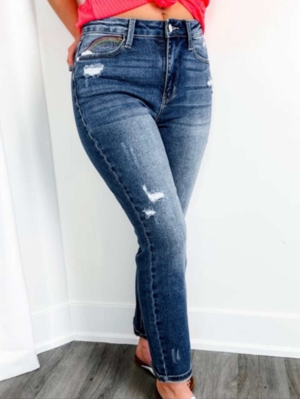 Judy Blue Jeans Women's 22W Rainbow Embroidered Straight Leg High Waist NWT